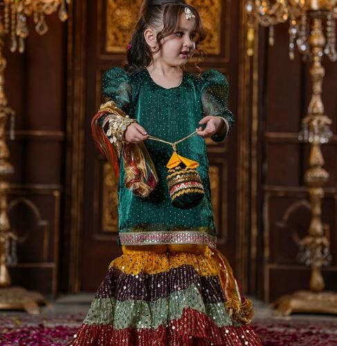 Premium Chiffon Shirt with Silver Nug Work (Green with multi)