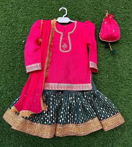 Raw silk shirt with lace, sequins gharara & dreamy crushed dupatta.